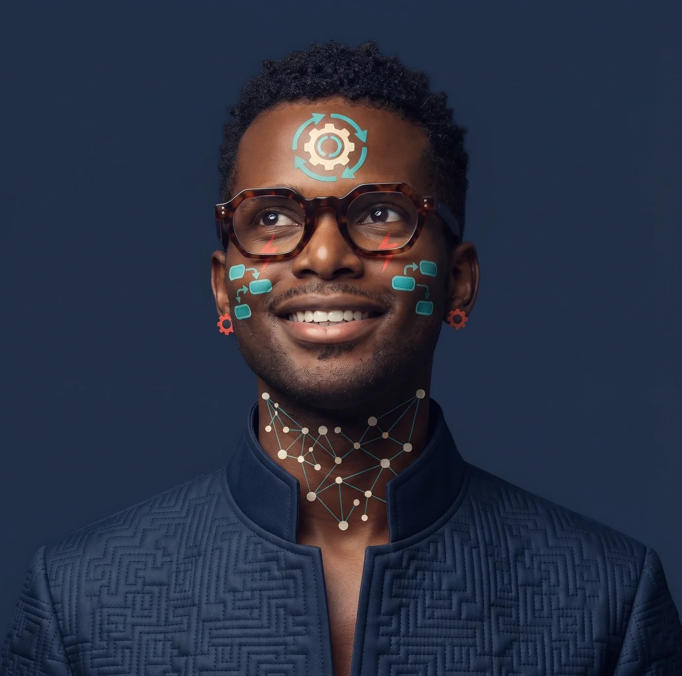 Portrait de Ghislain Kodjo, visage peint de motifs liés à automatisation
